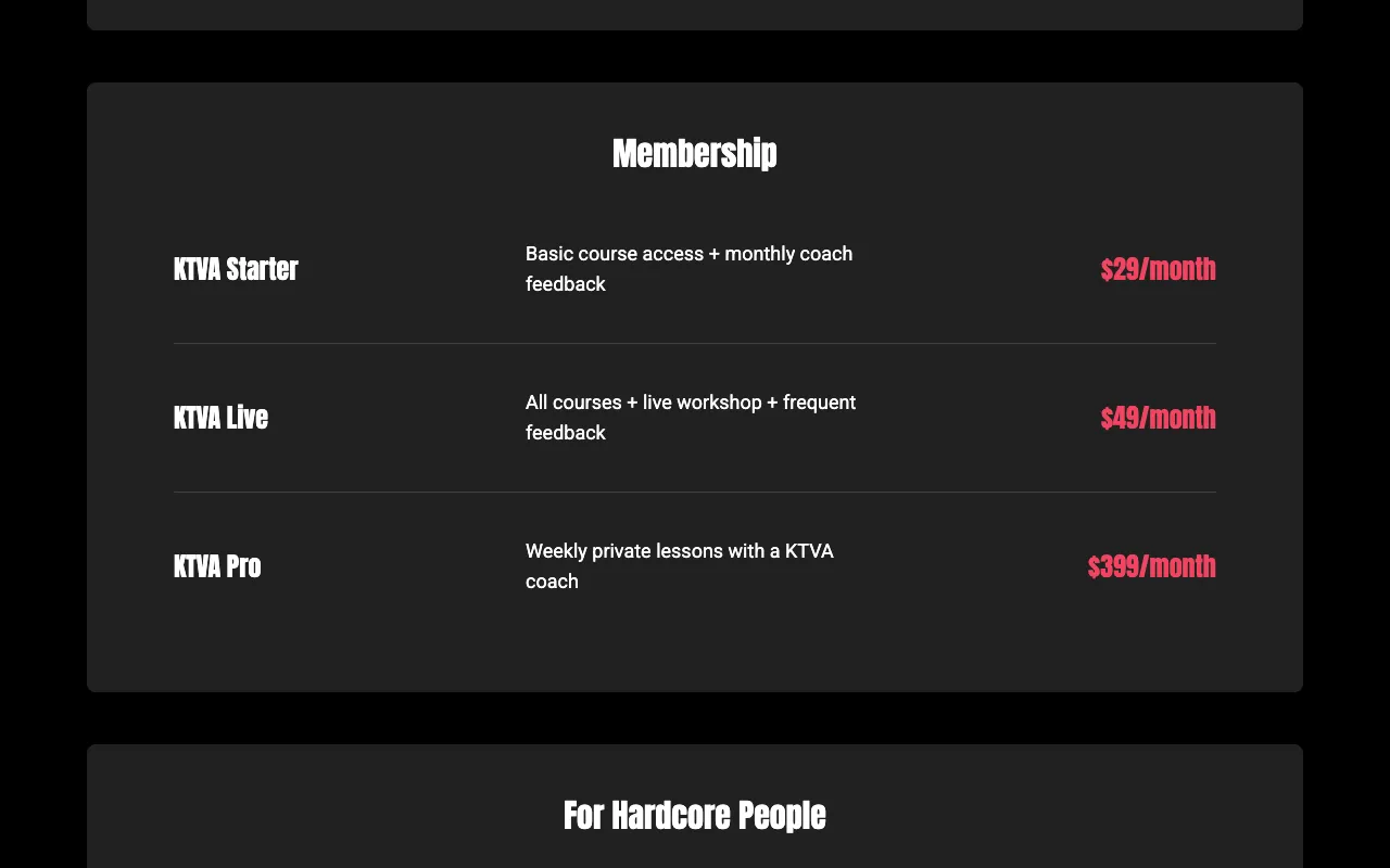 KTVA store page listing KTVA Starter at $29 per month, KTVA Live at $49 per month, and KTVA Pro at $399 per month