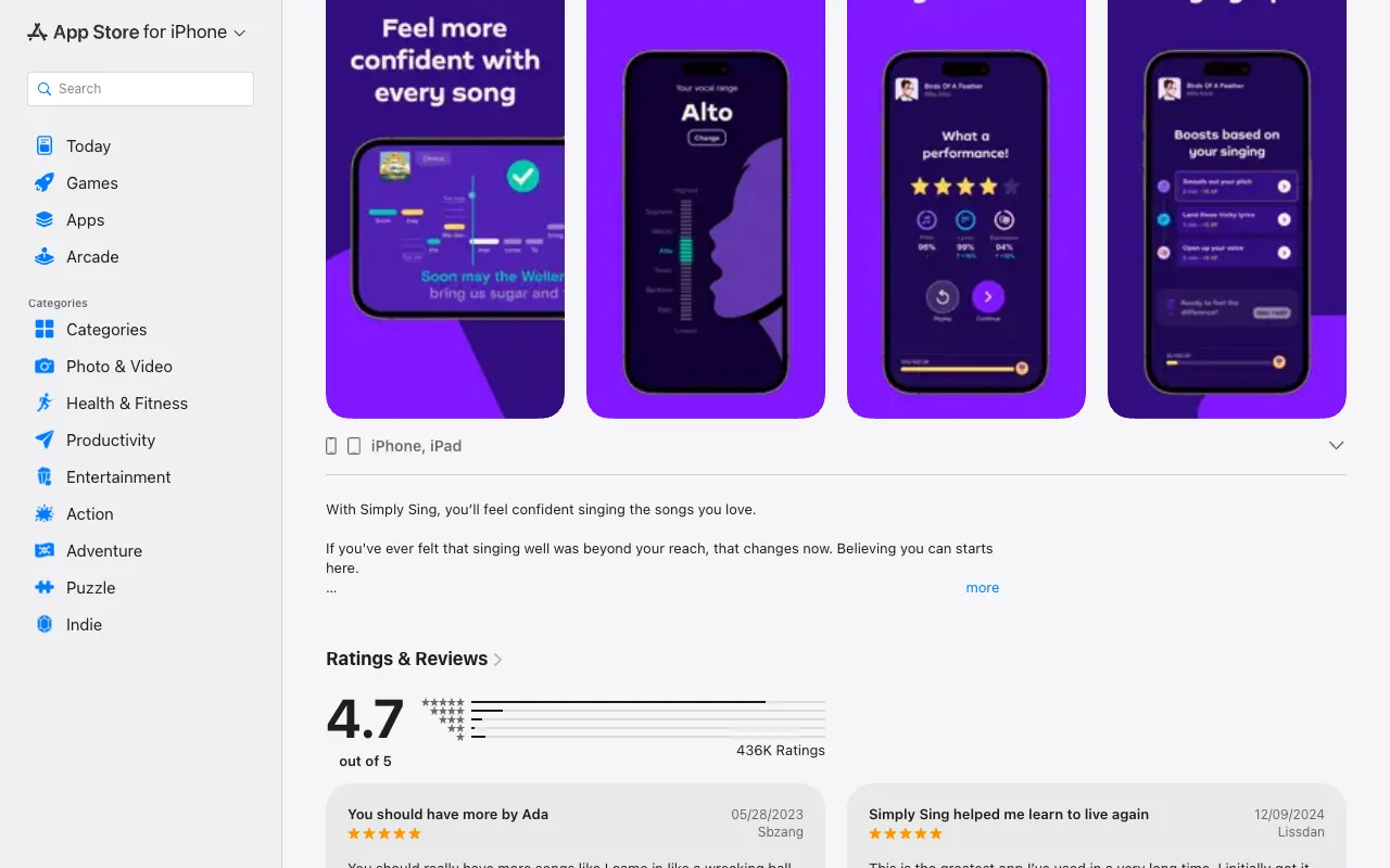 Simply Sing's App Store listing showing a song screen with scrolling lyrics, the vocal range result, and a post-song score with pitch, lyrics, and expression percentages