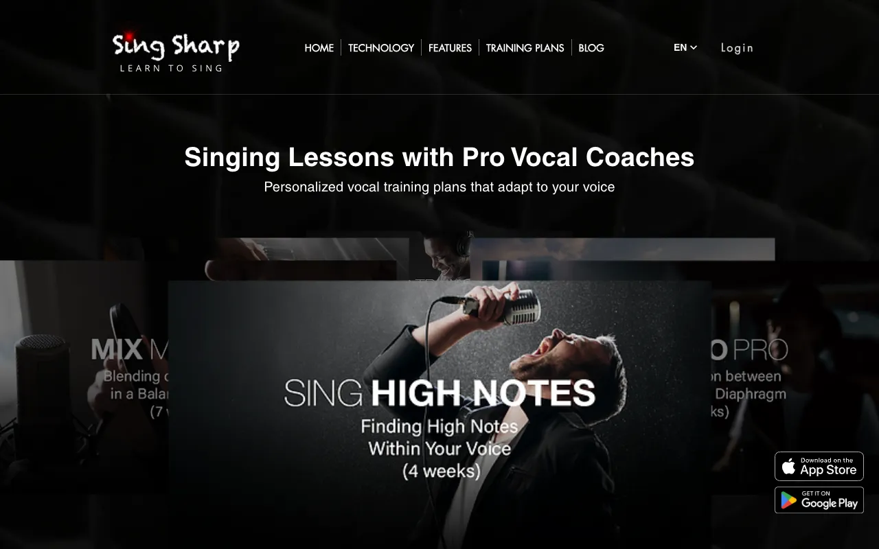 Sing Sharp's homepage with the headline Singing Lessons with Pro Vocal Coaches above a carousel of training plans including Sing High Notes and Mix Mastery