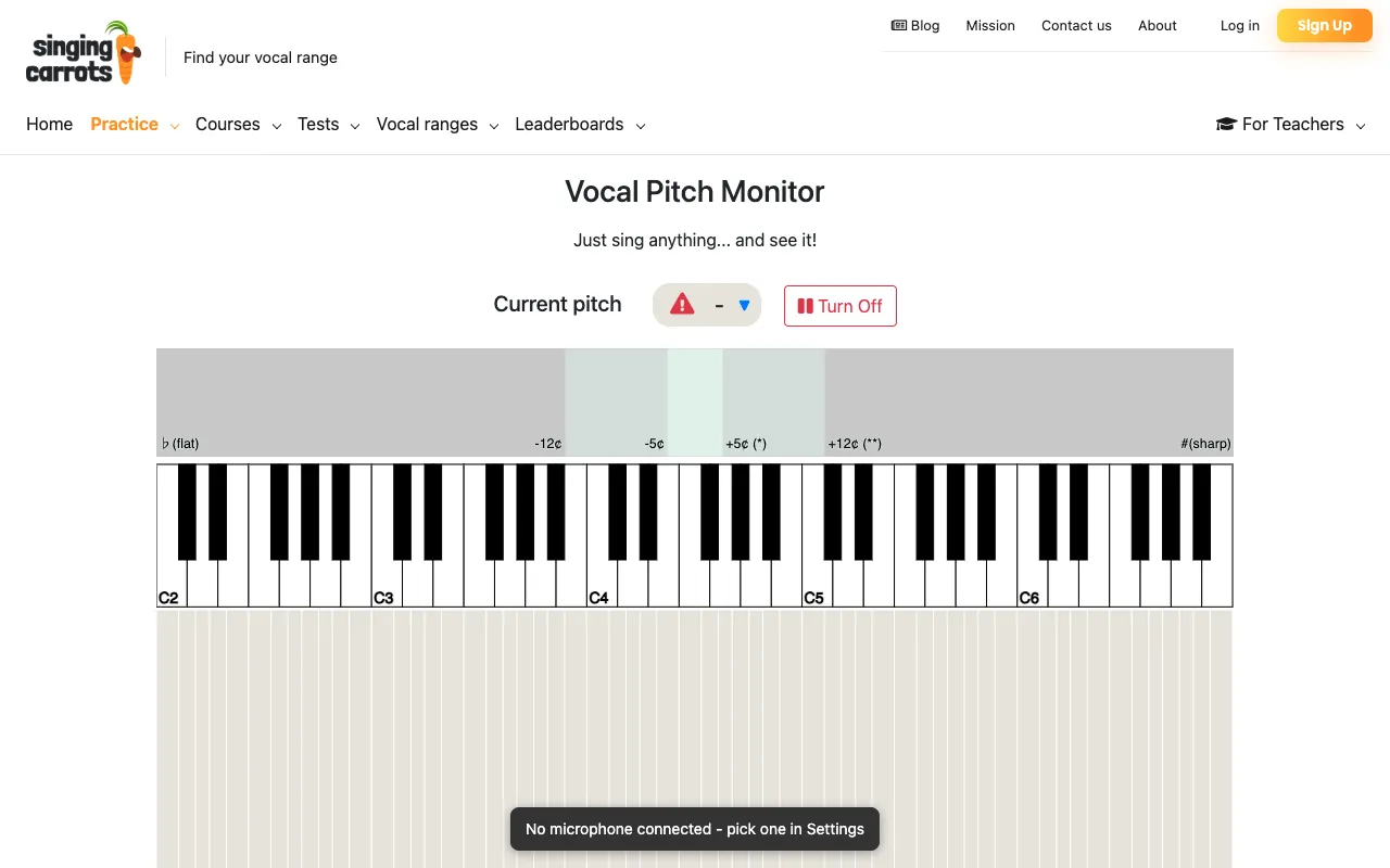 The free Singing Carrots Vocal Pitch Monitor showing a piano keyboard from C2 to C6 with a flat-to-sharp scale above it