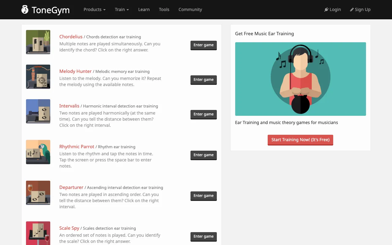 ToneGym's games list showing ear-training games such as Chordelius, Melody Hunter, Intervalis, and Rhythmic Parrot