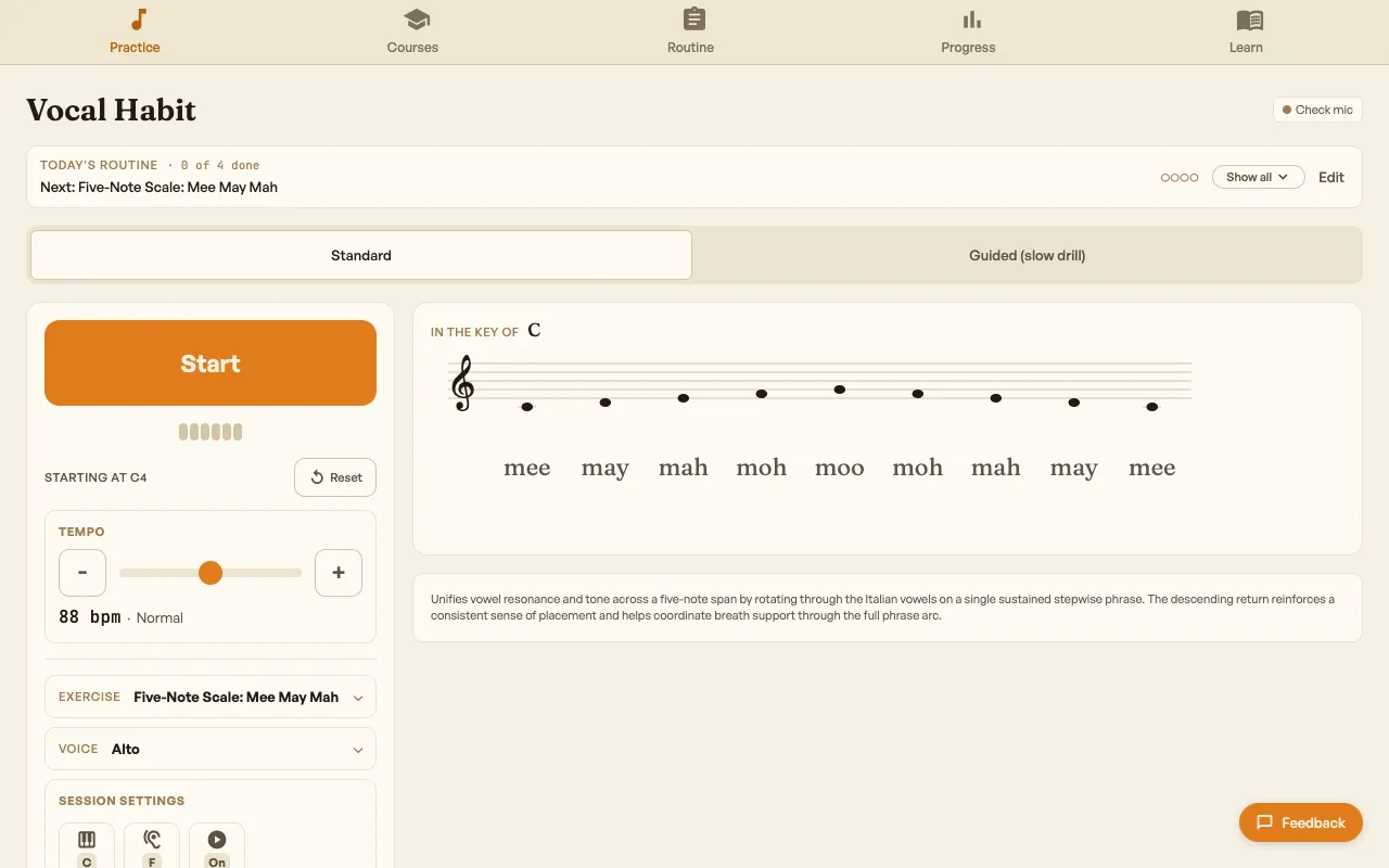 The Vocal Habit practice screen showing a five-note exercise on a staff with the syllables mee may mah moh moo, a Start button, and tempo and voice settings