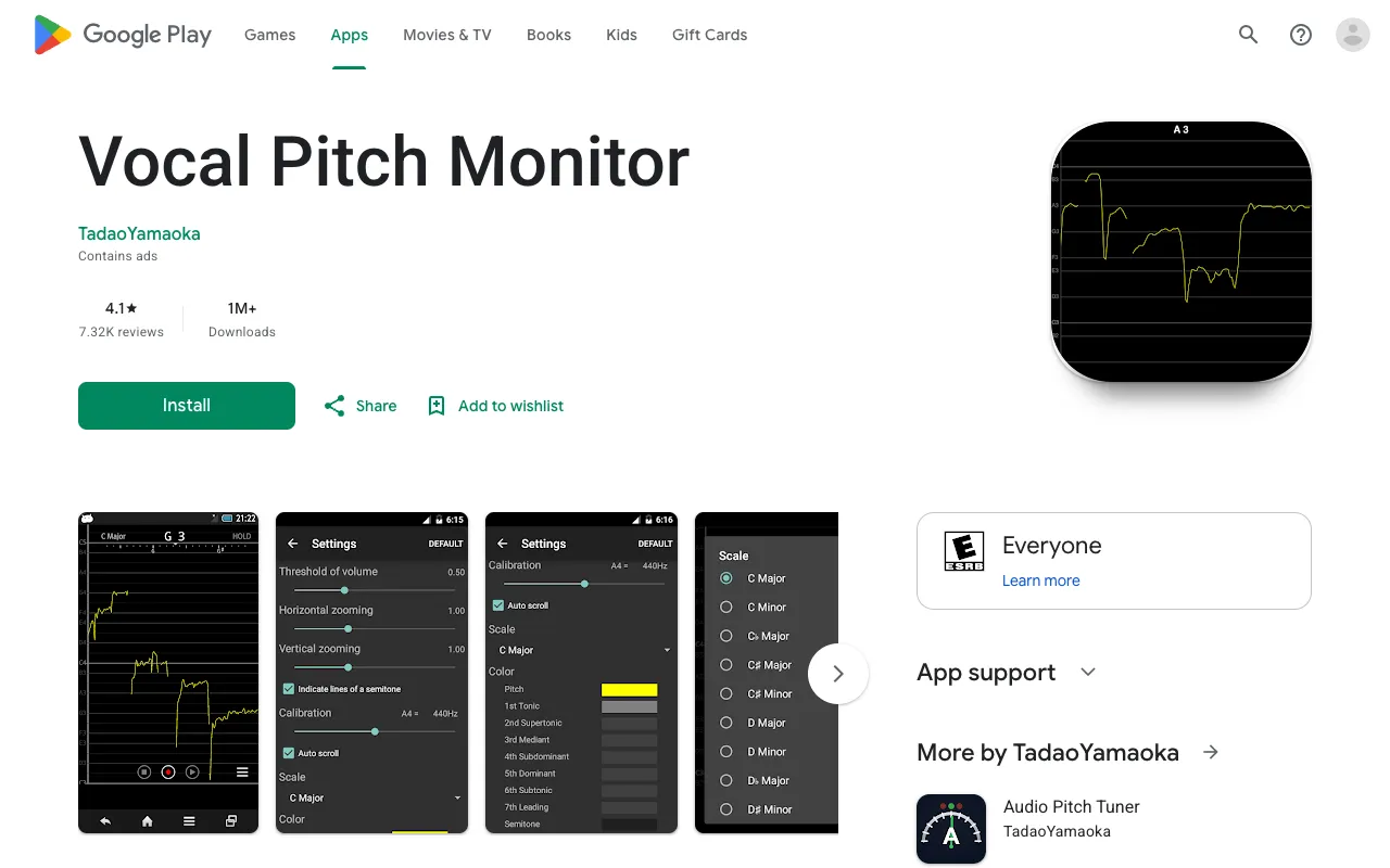 Google Play listing for Vocal Pitch Monitor by TadaoYamaoka showing a 4.1 rating and screenshots of a yellow pitch line on a dark note grid