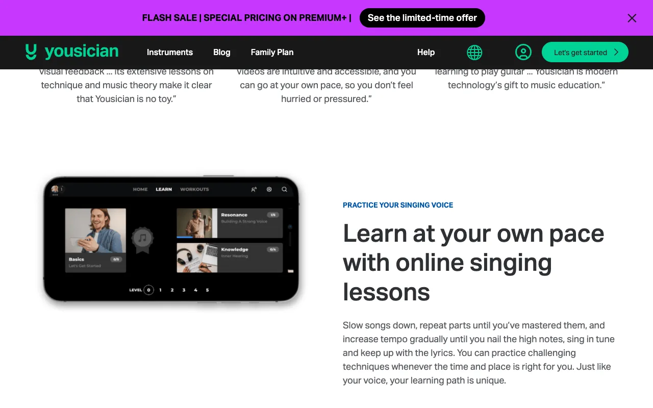 Yousician's singing page showing a phone with the singing learning path, split into levels 0 to 5 with Basics, Resonance, and Knowledge lessons